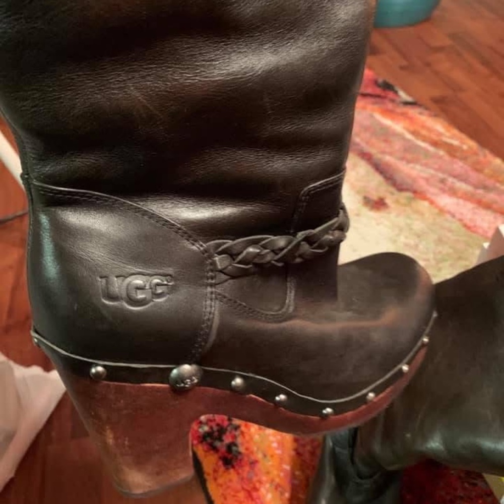 UGG Black Leather Boots with Wooden Heel